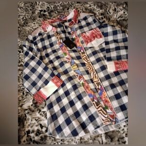 Bohemian Plaid Shirt & Patchwork Trim - Blue & White- Women's